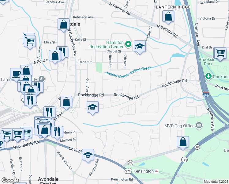 map of restaurants, bars, coffee shops, grocery stores, and more near 3216 Rockbridge Road Southwest in Avondale Estates