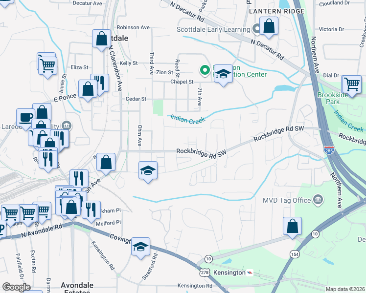 map of restaurants, bars, coffee shops, grocery stores, and more near 3216 Rockbridge Road Southwest in Avondale Estates