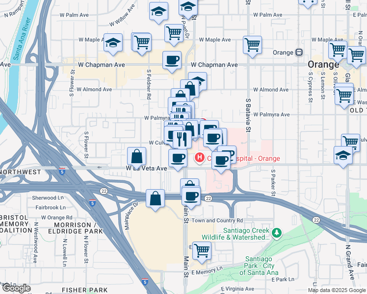 map of restaurants, bars, coffee shops, grocery stores, and more near 445 North Main Street in Orange