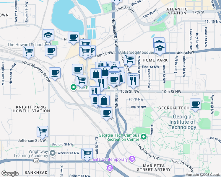 map of restaurants, bars, coffee shops, grocery stores, and more near 1000 Northside Drive Northwest in Atlanta