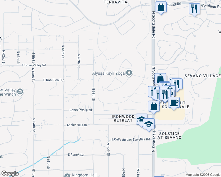 map of restaurants, bars, coffee shops, grocery stores, and more near 32675 North 70th Street in Scottsdale