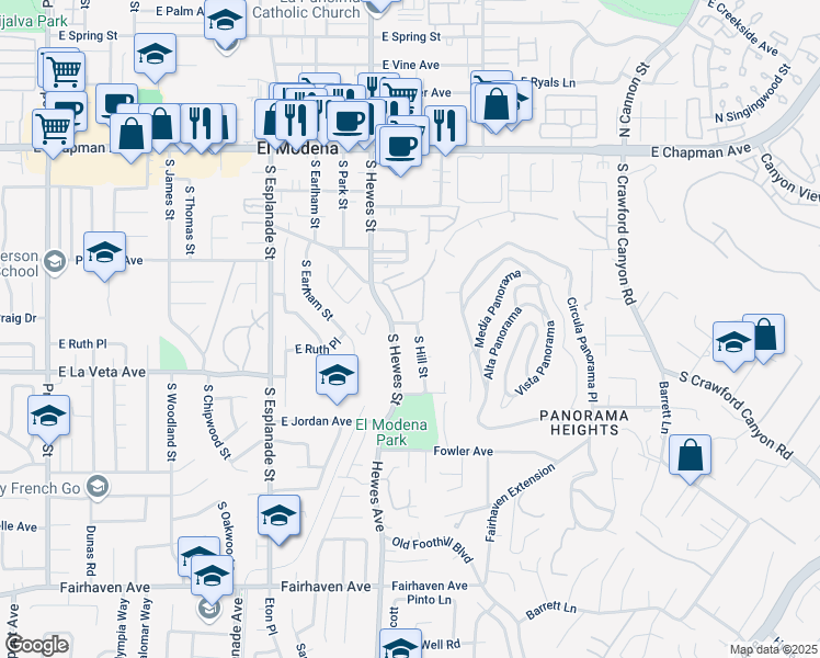 map of restaurants, bars, coffee shops, grocery stores, and more near 434 South Hill Street in Orange