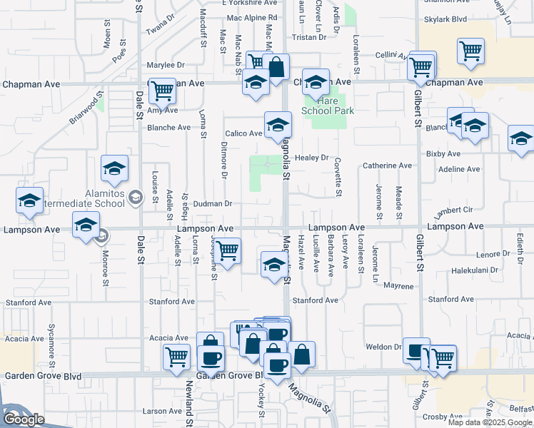 map of restaurants, bars, coffee shops, grocery stores, and more near 8910 Sequoia Court in Garden Grove