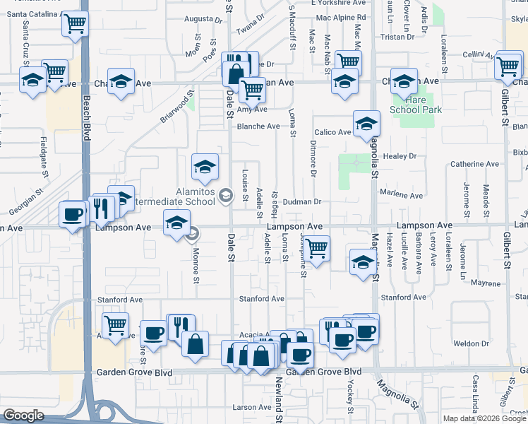 map of restaurants, bars, coffee shops, grocery stores, and more near 8585 Lampson Avenue in Garden Grove