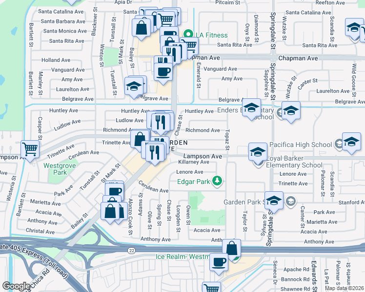 map of restaurants, bars, coffee shops, grocery stores, and more near 6062 Pickett Avenue in Garden Grove