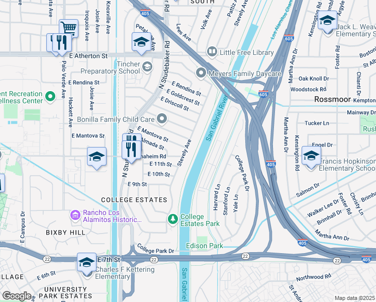 map of restaurants, bars, coffee shops, grocery stores, and more near 6927 East Anaheim Road in Long Beach