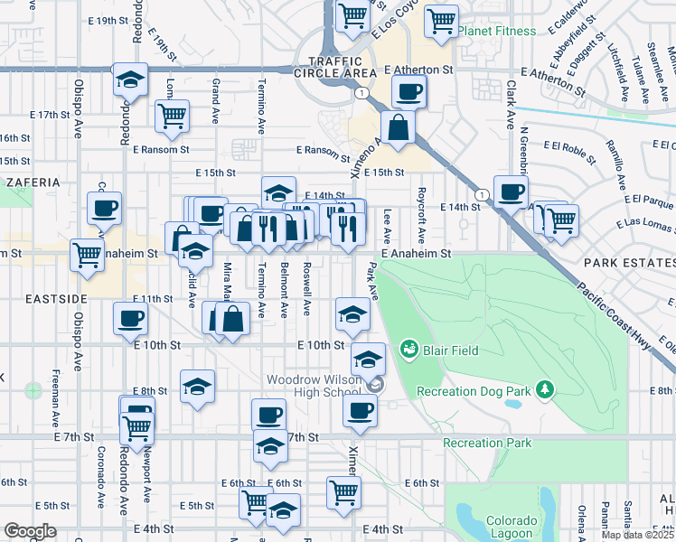 map of restaurants, bars, coffee shops, grocery stores, and more near 1137 Bennett Avenue in Long Beach