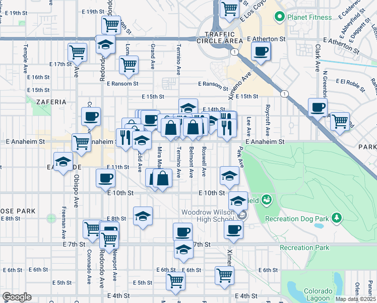 map of restaurants, bars, coffee shops, grocery stores, and more near 1142 Belmont Avenue in Long Beach