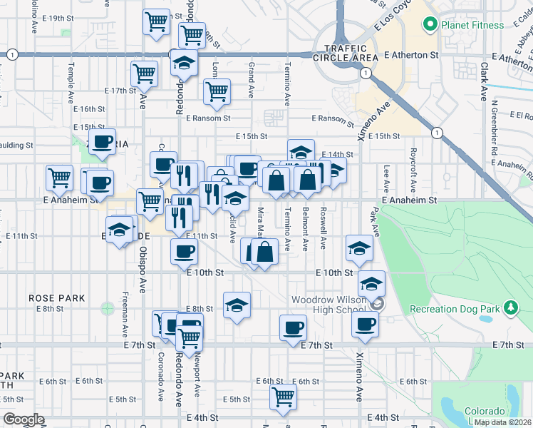 map of restaurants, bars, coffee shops, grocery stores, and more near 1146 Mira Mar Avenue in Long Beach