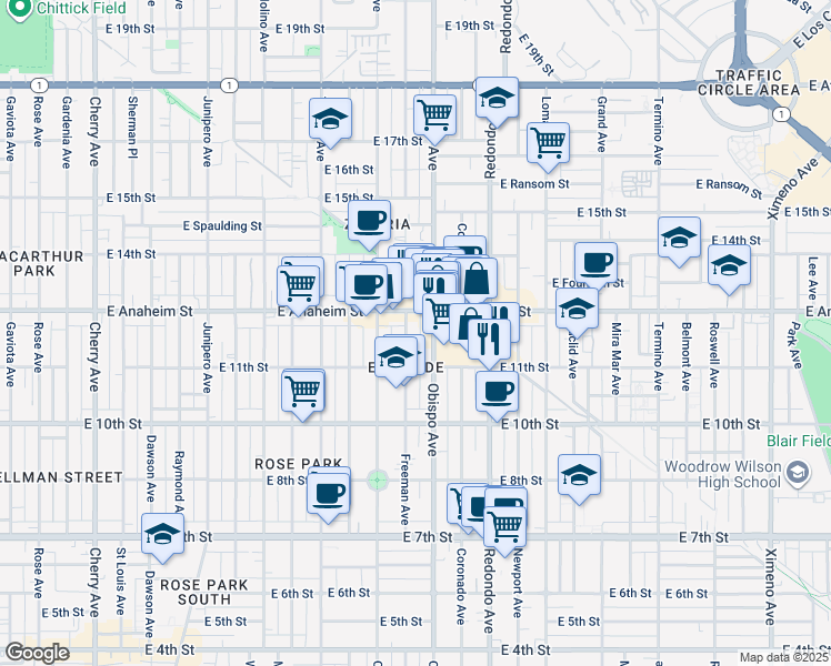 map of restaurants, bars, coffee shops, grocery stores, and more near in Long Beach