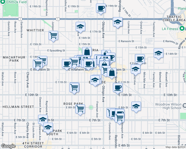 map of restaurants, bars, coffee shops, grocery stores, and more near 1136 Orizaba Avenue in Long Beach
