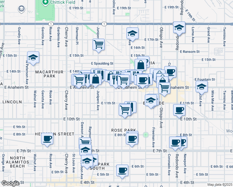 map of restaurants, bars, coffee shops, grocery stores, and more near 1138 Molino Avenue in Long Beach