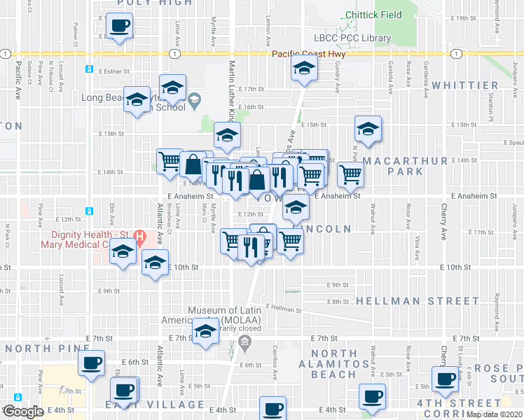 map of restaurants, bars, coffee shops, grocery stores, and more near 1128 East 12th Street in Long Beach