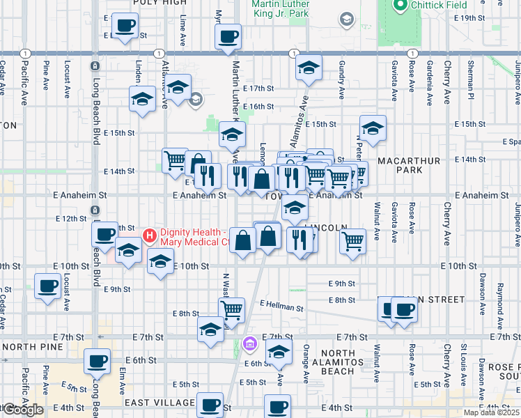 map of restaurants, bars, coffee shops, grocery stores, and more near 1128 East 12th Street in Long Beach