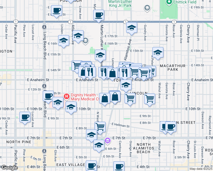 map of restaurants, bars, coffee shops, grocery stores, and more near 1140 Martin Luther King Junior Avenue in Long Beach