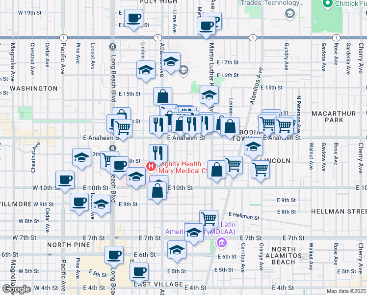 map of restaurants, bars, coffee shops, grocery stores, and more near 1138 Lime Avenue in Long Beach