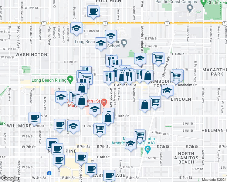 map of restaurants, bars, coffee shops, grocery stores, and more near 1100 Atlantic Avenue in Long Beach