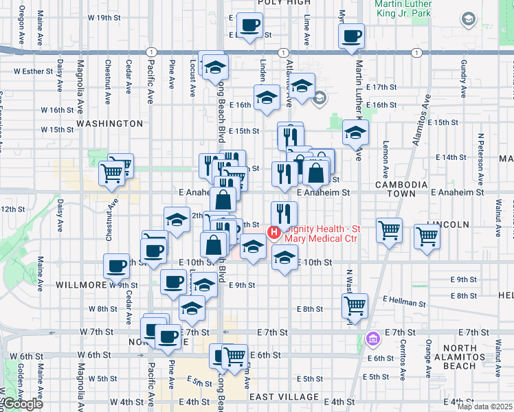 map of restaurants, bars, coffee shops, grocery stores, and more near 1124 Linden Avenue in Long Beach