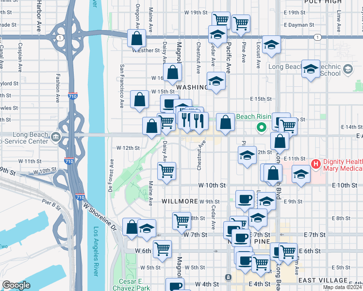 map of restaurants, bars, coffee shops, grocery stores, and more near 1163 Magnolia Avenue in Long Beach