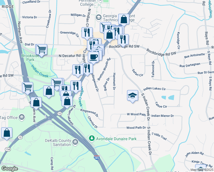 map of restaurants, bars, coffee shops, grocery stores, and more near 530 Balfour Drive in Decatur