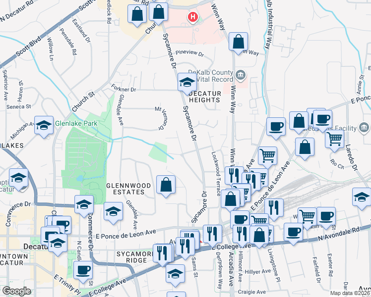 map of restaurants, bars, coffee shops, grocery stores, and more near 181 Ridgeland Avenue in Decatur