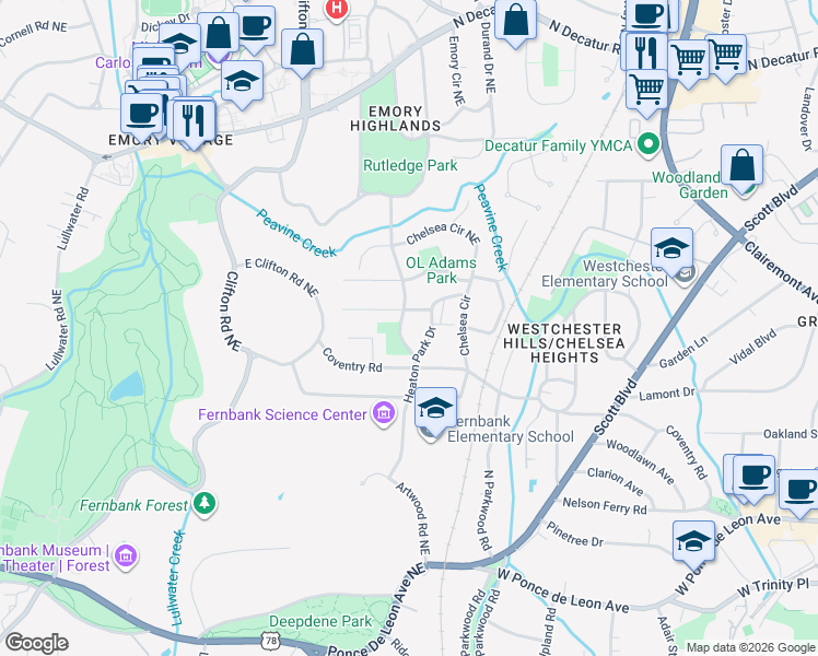 map of restaurants, bars, coffee shops, grocery stores, and more near 263 Vickers Drive in Decatur