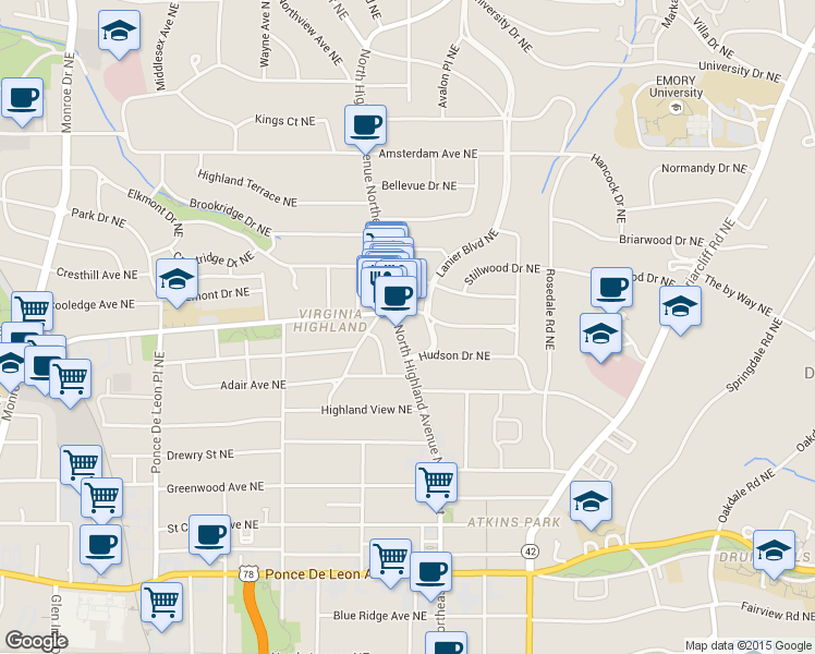 map of restaurants, bars, coffee shops, grocery stores, and more near 982 North Highland Avenue Northeast in Atlanta