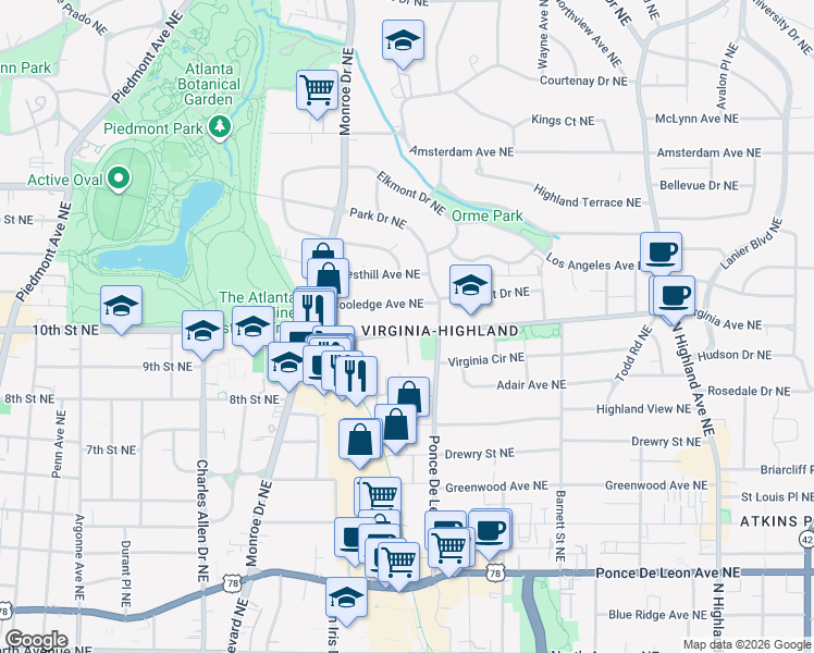 map of restaurants, bars, coffee shops, grocery stores, and more near 689 Virginia Avenue Northeast in Atlanta