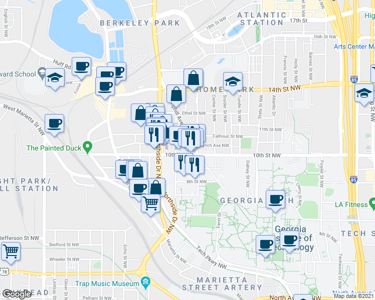 map of restaurants, bars, coffee shops, grocery stores, and more near 541 10th Street Northwest in Atlanta