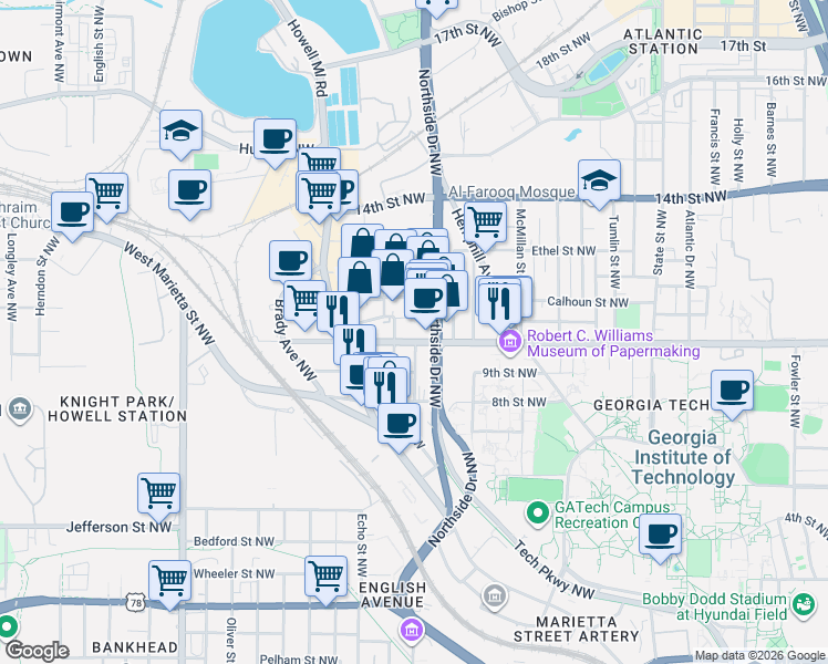 map of restaurants, bars, coffee shops, grocery stores, and more near in Atlanta