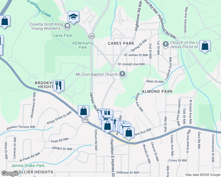 map of restaurants, bars, coffee shops, grocery stores, and more near 963 Hightower Road Northwest in Atlanta