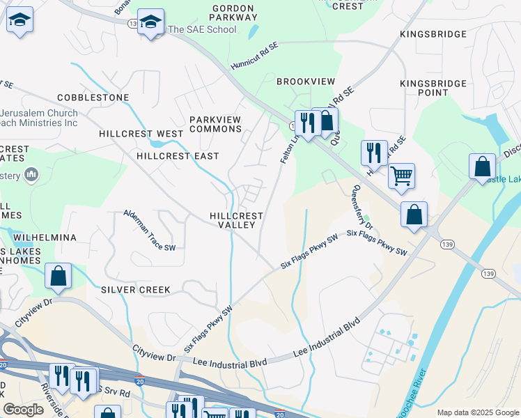 map of restaurants, bars, coffee shops, grocery stores, and more near 7062 Felton Lane in Mableton