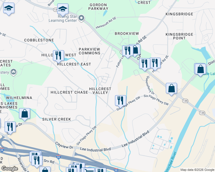map of restaurants, bars, coffee shops, grocery stores, and more near 7095 Felton Lane in Mableton