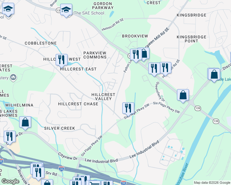 map of restaurants, bars, coffee shops, grocery stores, and more near 7062 Felton Lane in Mableton