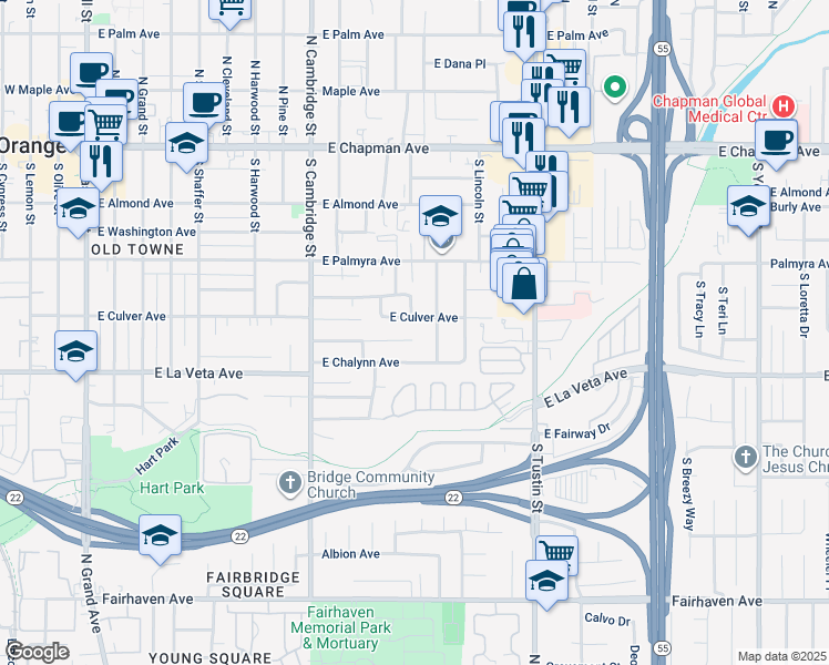 map of restaurants, bars, coffee shops, grocery stores, and more near 1233 East Mardell Avenue in Orange
