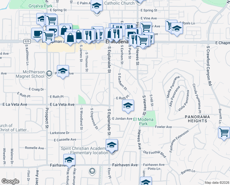 map of restaurants, bars, coffee shops, grocery stores, and more near 4231 East Ruth Place in Orange