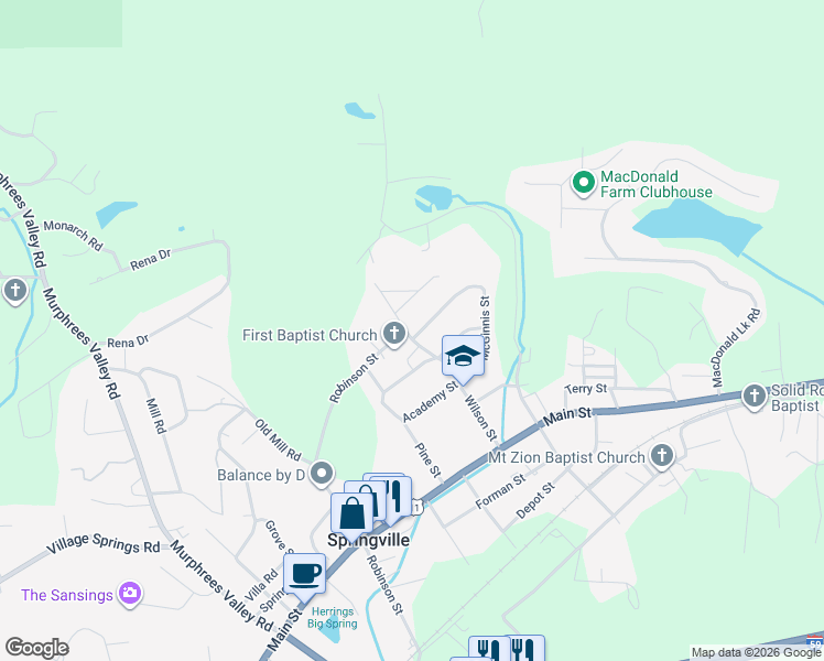 map of restaurants, bars, coffee shops, grocery stores, and more near 980 Robinson Street in Springville
