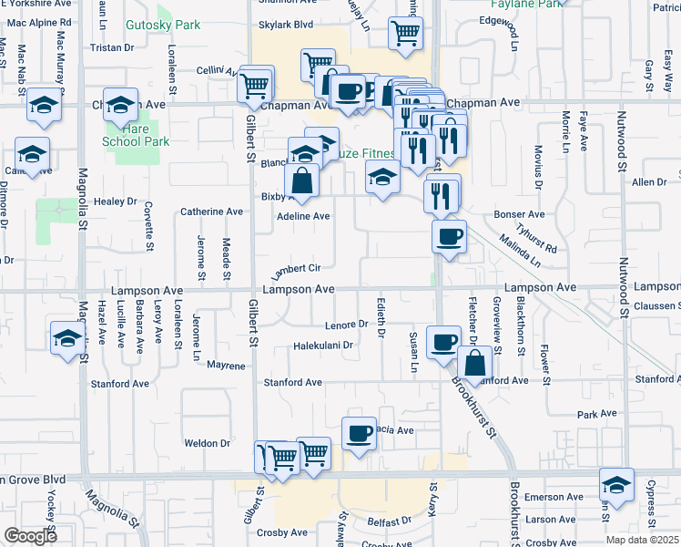map of restaurants, bars, coffee shops, grocery stores, and more near 12424 Lambert Circle in Garden Grove