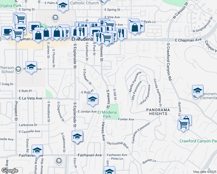 map of restaurants, bars, coffee shops, grocery stores, and more near 411 South Hewes Street in Orange