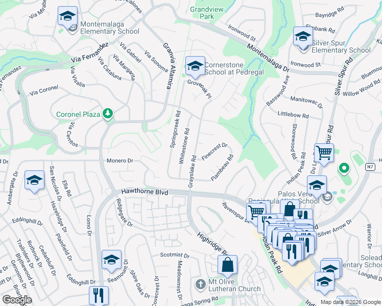 map of restaurants, bars, coffee shops, grocery stores, and more near 27025 Grayslake Road in Rancho Palos Verdes