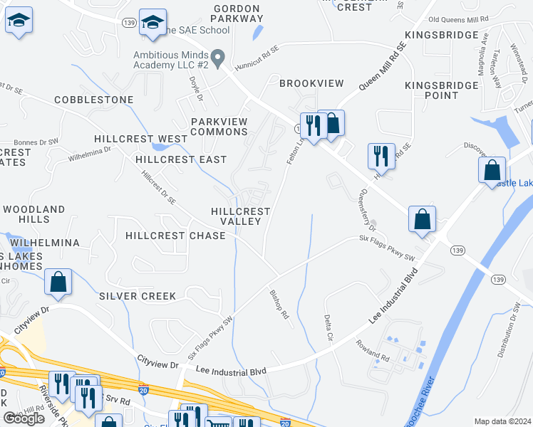 map of restaurants, bars, coffee shops, grocery stores, and more near 7062 Felton Lane in Mableton