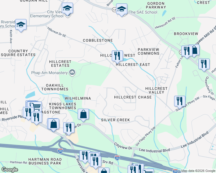 map of restaurants, bars, coffee shops, grocery stores, and more near 309 Alderman Trace Southwest in Austell