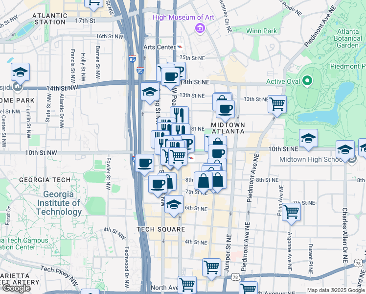 map of restaurants, bars, coffee shops, grocery stores, and more near in Atlanta