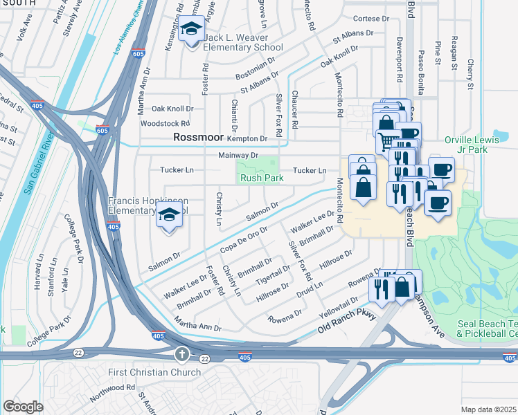 map of restaurants, bars, coffee shops, grocery stores, and more near 3021 Salmon Drive in Los Alamitos