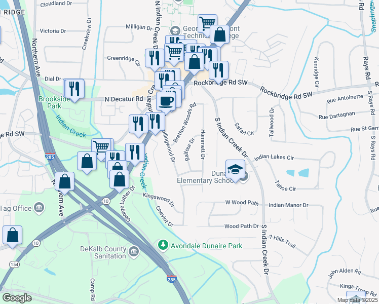 map of restaurants, bars, coffee shops, grocery stores, and more near 530 Balfour Drive in Decatur