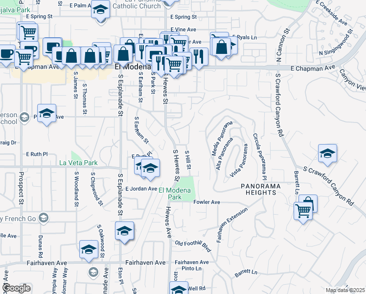 map of restaurants, bars, coffee shops, grocery stores, and more near 434 South Hill Street in Orange