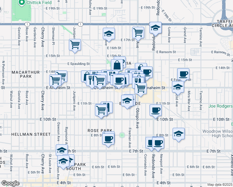 map of restaurants, bars, coffee shops, grocery stores, and more near 1137 Gladys Avenue in Long Beach