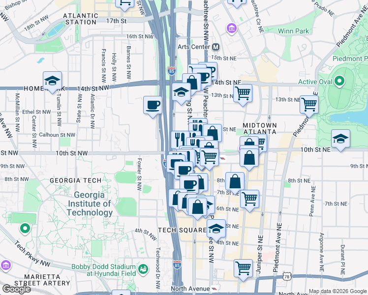 map of restaurants, bars, coffee shops, grocery stores, and more near 1000 Spring Street Northwest in Atlanta