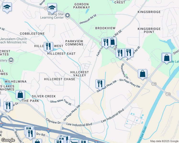 map of restaurants, bars, coffee shops, grocery stores, and more near 7095 Felton Lane in Mableton