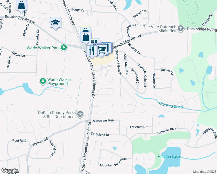 map of restaurants, bars, coffee shops, grocery stores, and more near 5702 Wells Circle in Stone Mountain